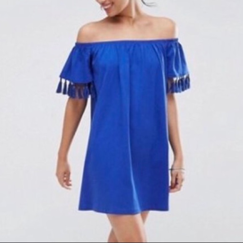 Blue off-the-shoulder ASOS dress